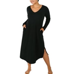 Smash + Tess Friday Dress Black Midi Long Sleeve V-Neck Bamboo Stretch Pockets